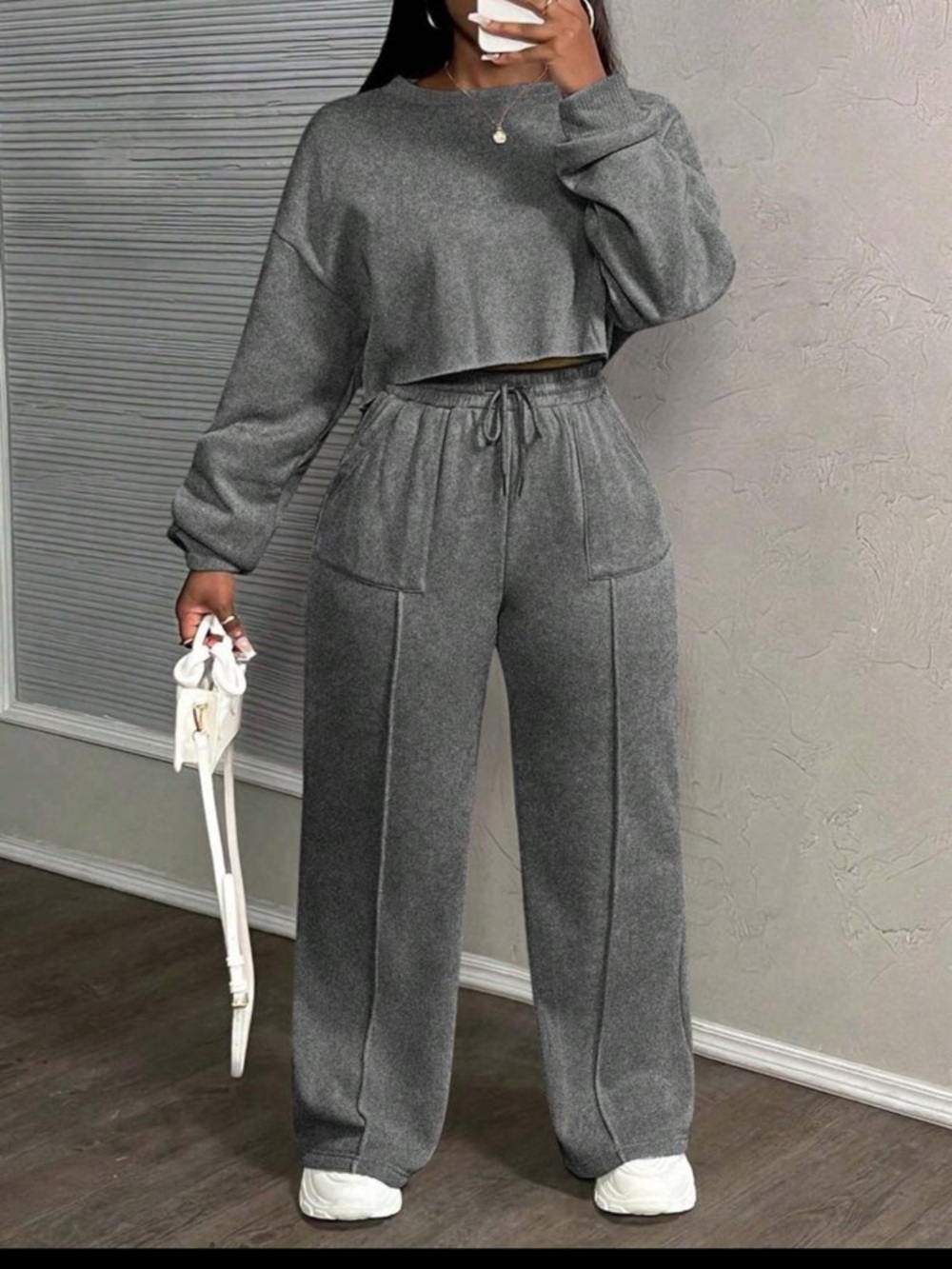 SHEIN Gray Drawcord High-Waist Wide-Leg Knit Pants